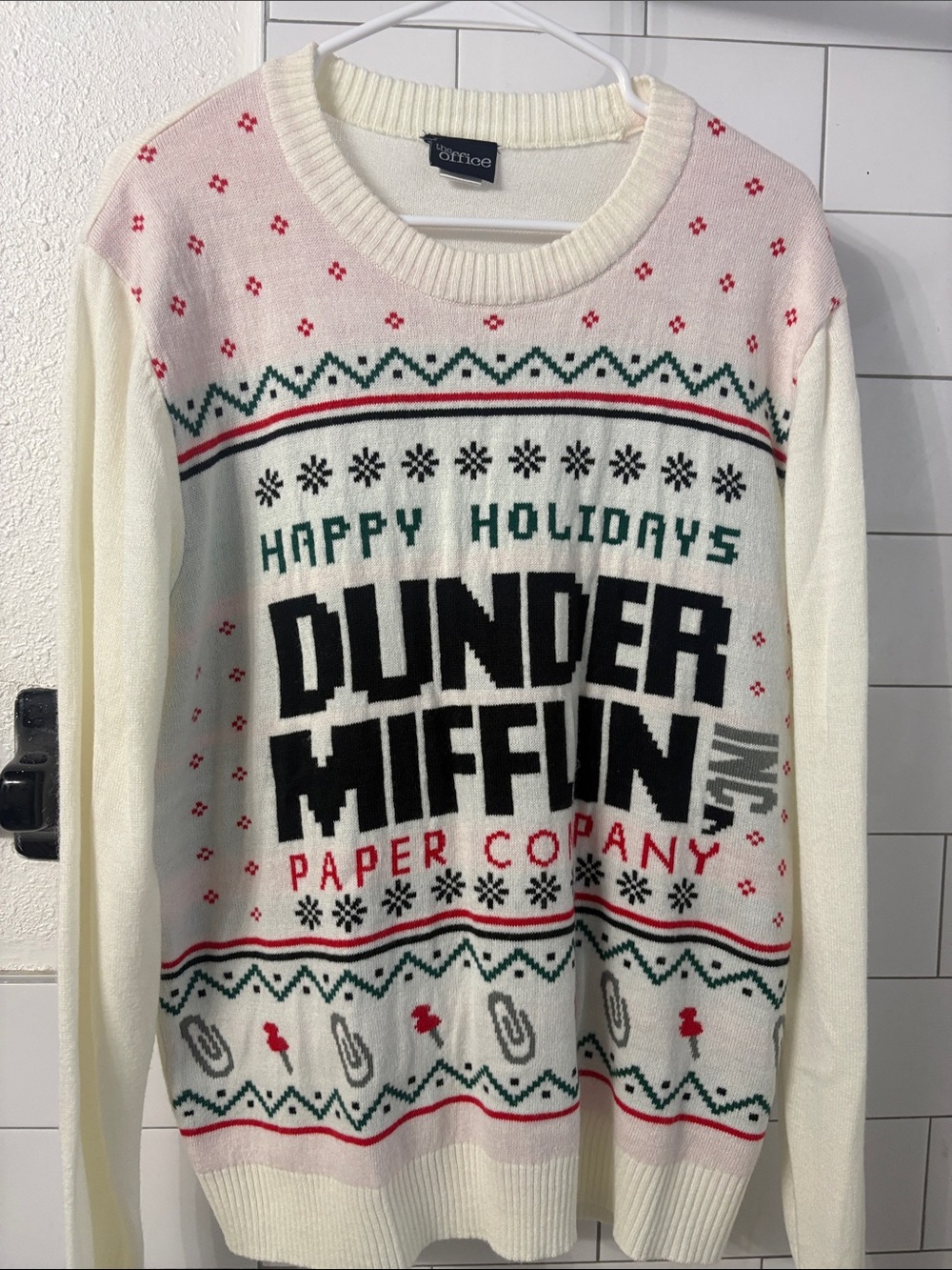 & Other Stories Cream Crewneck Sweater with Black, Green & Red Holiday Motif